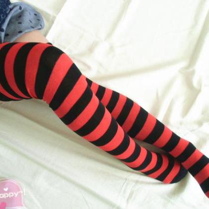 Knit Boot Knee Thigh High Socks,a Black And Red..