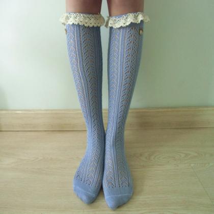 Platinum White Cable Knit Boot Socks W/ Cream Lace..