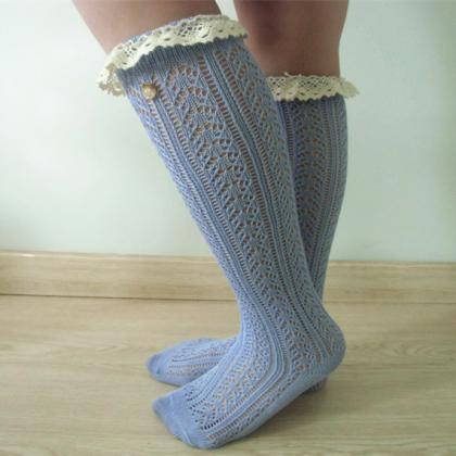 Platinum White Cable Knit Boot Socks W/ Cream Lace..