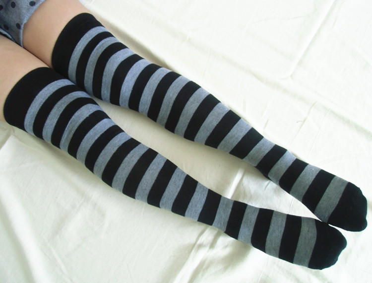 Knit Boot Knee Thigh High Socks,a Black And Gray Striped Stockings For ...