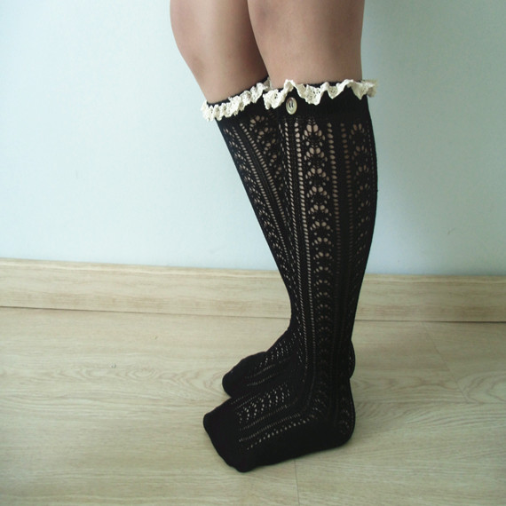 Platinum WHITE Cable Knit Boot Socks W/ Cream Lace Ivory Buttons Knee